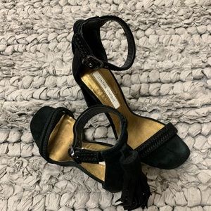 Cynthia Vincent black sueded tasseled leather heels